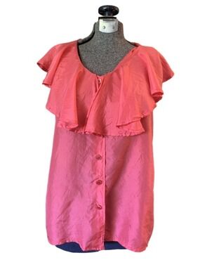 Women's Daniel Hechter Blouse Size Small Pink Silk Ruffle Button Down Top